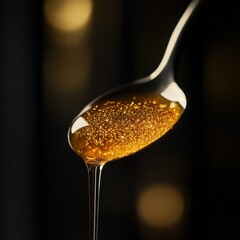 Poster - Golden honey dripping from a spoon against a dark background creates a luxurious and inviting mood perfect for culinary and health related themes