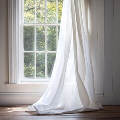 Poster - Serene morning light filtering through sheer white curtains at a window creating a calming and peaceful atmosphere in a bright room