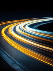 Poster - Dynamic light trails illuminate asphalt road creating abstract pattern of speed and motion with long exposure photography against dark black background