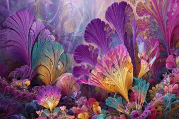 Poster - Vibrant fractal floral garden with swirling patterns and rich colors creating a dreamy and surreal landscape with a soft and ethereal glow in a fantasy style background