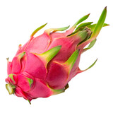 Fresh ripe dragon fruit isolated on transparent background, vibrant pink tropical pitaya with green spikes.