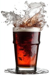 Poster - Refreshing dark beer splashing out of a glass against a clean white background capturing the dynamic movement and crisp texture in a studio shot with a low angle view