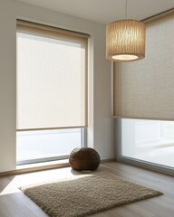 Poster - Bright Airy Room with Beige Roller Shades and Woven Lamp Enhancing Natural Light and Minimalist Decor Creating a Cozy and Serene Interior Atmosphere