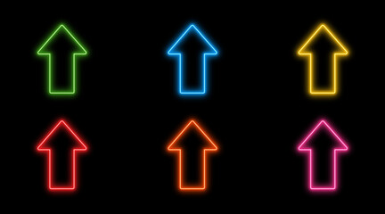 Bright glowing neon upward arrow signs in on black background, vector illustration