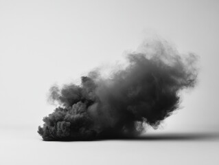 Poster - Dramatic black smoke cloud on white background creating a moody atmosphere for abstract concept and design element with studio lighting and monochrome style