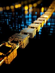 Poster - Golden blockchain technology concept with digital blocks connected in a secure network on a dark background representing cryptocurrency and data encryption