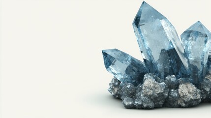 Poster - Captivating cluster of blue aquamarine crystals on a neutral background showcasing intricate facets and crystalline structure with a soft light and airy atmosphere