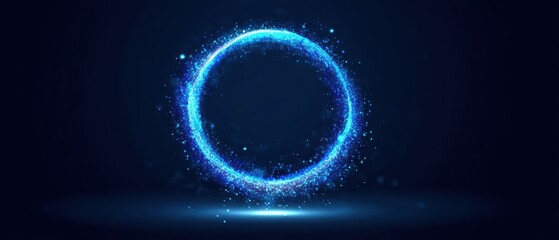 Poster - Luminous cyan ring of light particles on a dark blue gradient background creating a magical and ethereal atmosphere perfect for digital art and futuristic designs