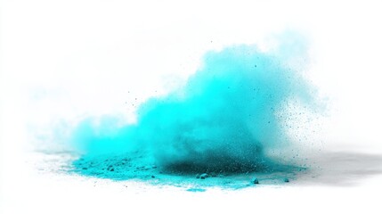 Poster - Captivating turquoise powder explosion against a bright white background creating a dynamic and vibrant visual effect perfect for abstract design and creative projects