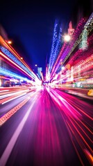 Poster - Vibrant city street at night with blurred lights creating a sense of speed and motion artistic photography colorful urban landscape with dynamic light trails