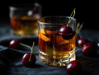 Poster - Elegant old fashioned cocktail with cherry garnish on dark linen background a classic whiskey drink with a rich amber hue and a sophisticated presentation perfect for stock photography