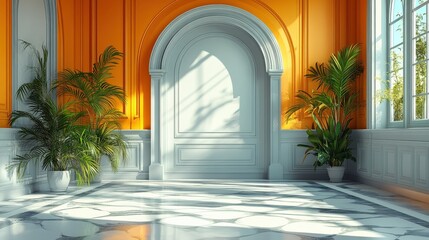 Poster - Bright and spacious interior with orange walls, elegant archway, and lush plants casting shadows
