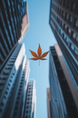 Poster - Autumnal Maple Leaf Floating Against a Backdrop of Modern City Skyscrapers and Clear Blue Sky Capturing Urban Nature and Seasonal Transition with a Low Angle Perspective