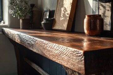 Poster - Rustic wooden mantelpiece adorned with vintage decor showcasing a copper vase and natural light creating a warm and inviting atmosphere ideal for home design