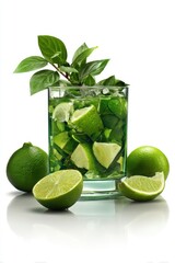 Poster - Refreshing lime and basil cocktail in glass with ice cubes on white background studio shot vibrant green hues and elegant simplicity for summer drink promotions