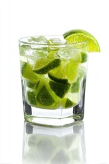 Poster - Refreshing caipirinha cocktail with lime and ice cubes on a white background in a glass with a lime wedge garnish creating a vibrant and inviting visual