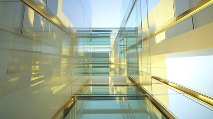 Poster - Modern Architecture with Glass Facade and Golden Accents Reflecting Sunlight in a Geometric Pattern Creating an Abstract Urban Landscape with a Futuristic Perspective