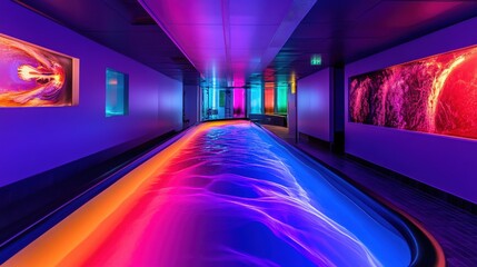 Poster - Vibrant interior corridor with flowing colored lights and abstract art, creating a dynamic atmosphere