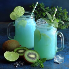 Poster - Refreshing blue lagoon cocktail with kiwi and lime in mason jars a vibrant tropical drink