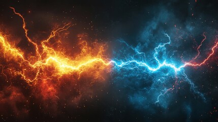 Poster - Dynamic clash of orange and blue lightning bolts against a dark cosmic background creating a powerful visual effect of energy and contrast in a captivating scene