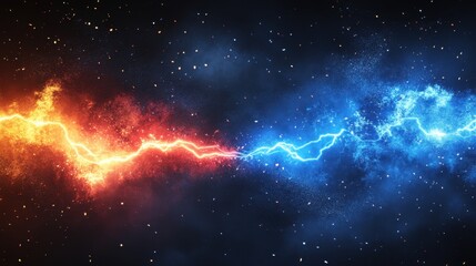 Poster - Dynamic collision of fire and ice energy streams in cosmic space creating an intense visual spectacle of opposing forces in a dramatic and captivating scene
