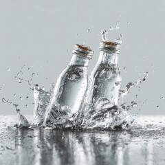Poster - Two clear glass bottles create a dynamic splash of water on a sleek surface in a studio setting capturing a refreshing and clean visual with a neutral background