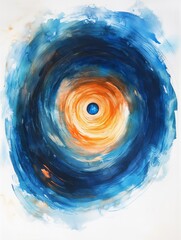 Poster - Abstract Whirlwind of Blue and Orange - An abstract painting featuring swirling blues and oranges, culminating in a small central blue dot. Evokes feelings of depth and movement