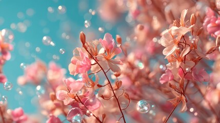 Poster - Serene floral beauty capturing pink blossoms against a bright blue sky with delicate bubbles creating a dreamy and ethereal atmosphere in soft focus