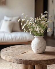 Poster - Serene floral arrangement of white daisies in a rustic vase on a wooden table creating a peaceful and natural ambiance with soft light and a blurred background