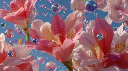 Poster - Ethereal floral arrangement featuring delicate pink alstroemeria blossoms amidst iridescent soap bubbles against a serene blue sky creating a dreamy and whimsical atmosphere