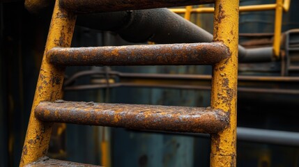 Poster - Industrial Ladder Detail with Weathered Yellow Paint and Rust Texture in a Close Up View Capturing the Essence of Decay and Abandonment with a Moody Atmosphere
