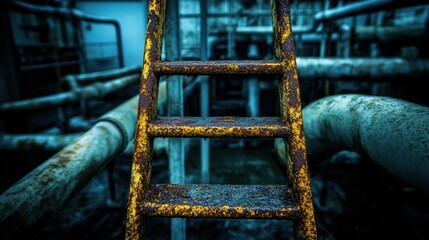 Poster - Industrial Ladder Ascending Amidst a Maze of Pipes in a Dark Factory Setting with a Moody and Gritty Atmosphere and a Low Angle Perspective