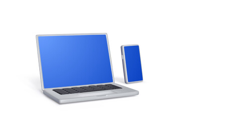 Poster - Laptop And Smartphone Mockup With Blank Blue Screens On White Background, Perfect For App Design, Website Presentation, And Technology Branding Concepts. Vector