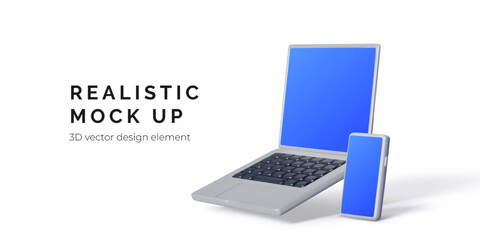Poster - Modern Laptop And Smartphone Mockup With Blank Blue Screens On White Background, Perfect For Web Design, App Development, And Technology Branding. Vector