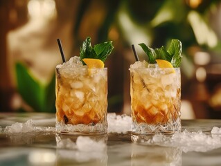Poster - Refreshing cocktail presentation featuring ice cubes mint leaves and orange slice on a reflective surface creating a vibrant and inviting atmosphere perfect for summer