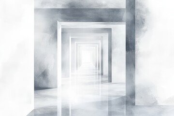 Poster - Modern Watercolor Hallway Light - Abstract hallway, bright light at end, grey walls, white frames, minimalist design. Symbolizing: hope, journey, future, progress, clarity