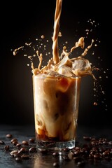 Poster - Iced coffee splash with ice cubes and coffee beans on dark background a refreshing summer drink in a glass with pouring liquid creating dynamic splash