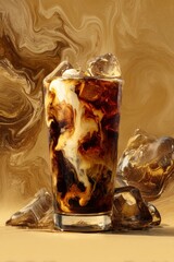 Poster - Iced Coffee with Cream Swirls and Ice Cubes on Warm Background in Studio Light for Refreshment and Beverage Photography with Swirling Liquid