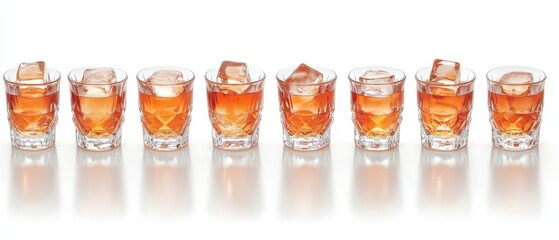 Poster - Row of crystal glasses filled with amber liquid and ice cubes on a white surface casting soft shadows a refreshing and elegant drink presentation for advertising