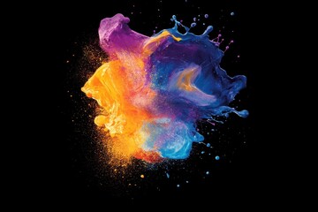 Poster - Vibrant explosion of colorful paint creates a dynamic and abstract splash against a stark black background, showcasing fluid motion and artistic expression.