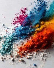 Poster - Vibrant rainbow of colorful powder pigments on white backdrop creating a dynamic splash of color and texture evoking creativity and artistic expression in studio shot