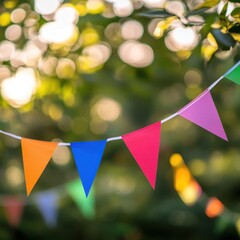 Poster - Festive celebration bunting flags hanging outdoors against a blurred green garden background creating a joyful and vibrant atmosphere for a party or event
