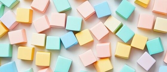 Poster - Pastel Cubes Arrangement on White Surface Playful Geometric Composition Soft Colors Minimalist Style Top View Capturing Simplicity and Modern Aesthetic for Creative Projects