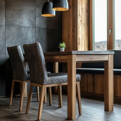 Poster - Cozy dining area with wooden table and leather chairs under pendant lights in modern interior design