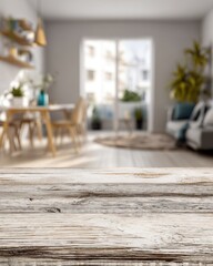 Poster - Rustic wooden table against blurred modern living room interior background with dining area and sofa, creating a cozy and inviting atmosphere, perfect for product placement