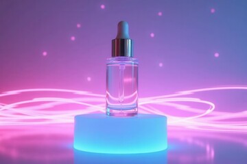 Poster - Glass Dropper Bottle on Rotating Neon Platform