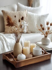 Poster - Cozy home decor with candles dried flowers and a mug on a wooden tray creating a warm inviting atmosphere in a neutral color palette for a calming relaxation