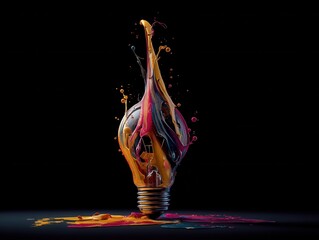Poster - Creative lightbulb concept with colorful paint splash on black background capturing vibrant energy and innovative ideas in a modern artistic style