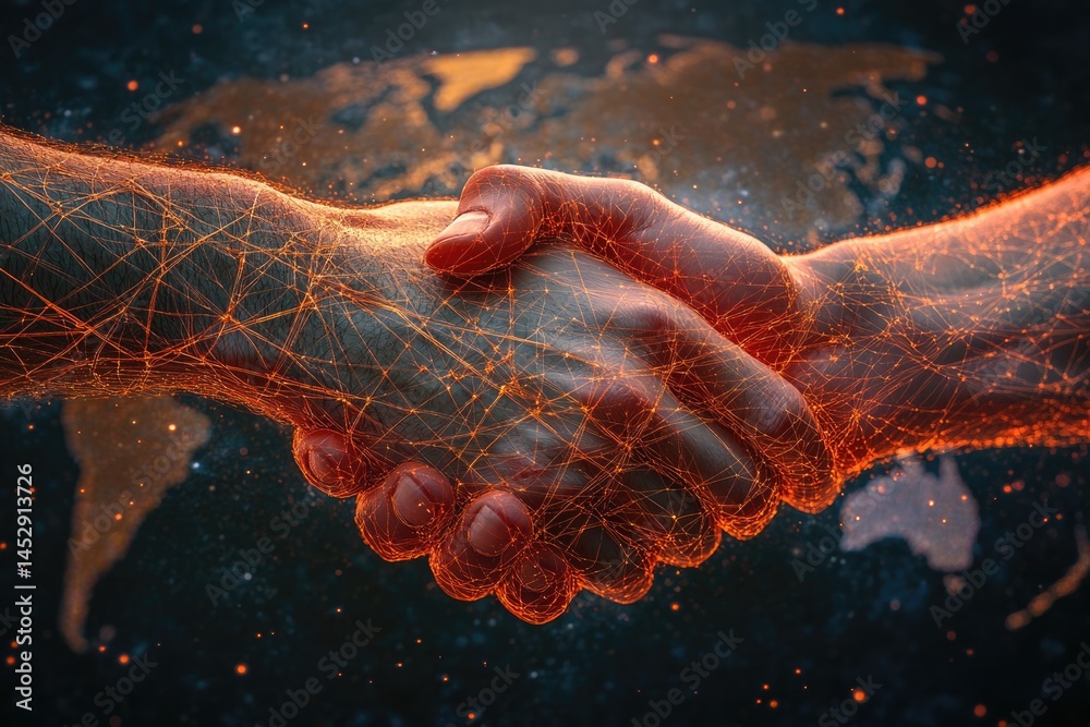 Digital handshake over a global map symbolizing technological ...