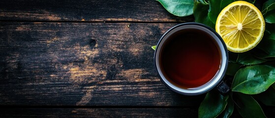 Poster - Aromatic black tea in a rustic cup with fresh lemon and vibrant green leaves on a dark wooden table creating a cozy and refreshing atmosphere perfect for a stock photo